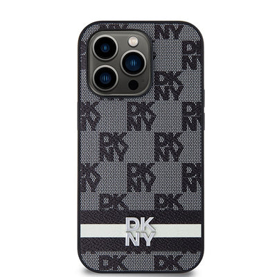 DKNY Leather Checkered Mono Pattern &amp; Printed Stripes iPhone 14 Pro Case - Black