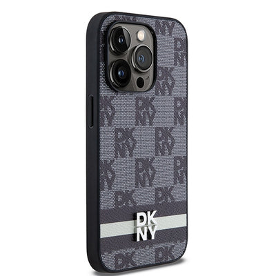 DKNY Leather Checkered Mono Pattern &amp; Printed Stripes iPhone 14 Pro Case - Black