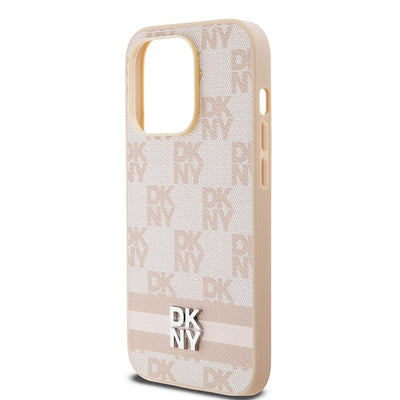 DKNY Leather Checkered Mono Pattern &amp; Printed Stripes case for iPhone 14 Pro - pink