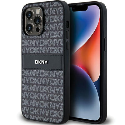 DKNY Leather Mono Stripe &amp; Metal Logo case for iPhone 14 Pro - black