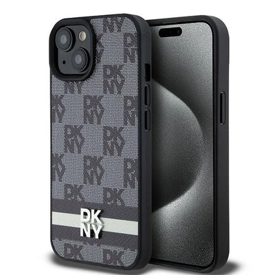 DKNY Leather Checkered Mono Pattern &amp; Printed Stripes Case for iPhone 15/14/13 - Black
