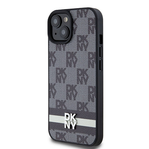 DKNY Leather Checkered Mono Pattern &amp; Printed Stripes Case for iPhone 15/14/13 - Black