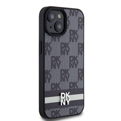 DKNY Leather Checkered Mono Pattern &amp; Printed Stripes Case for iPhone 15/14/13 - Black