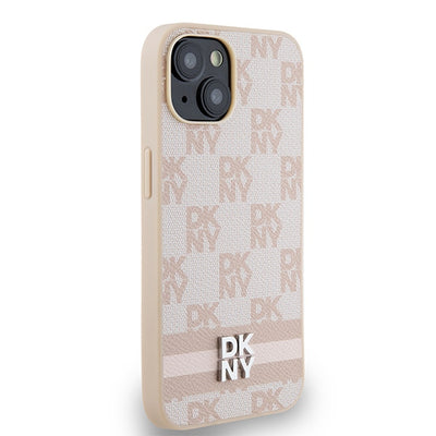 DKNY Leather Checkered Mono Pattern &amp; Printed Stripes case for iPhone 15 / 14 / 13 - pink