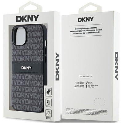 DKNY Leather Mono Stripe &amp; Metal Logo Case for iPhone 15/14/13 - Black