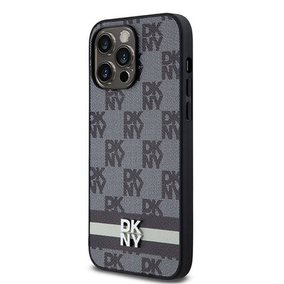DKNY Leather Checkered Mono Pattern &amp; Printed Stripes Case for iPhone 14 Pro Max - Black