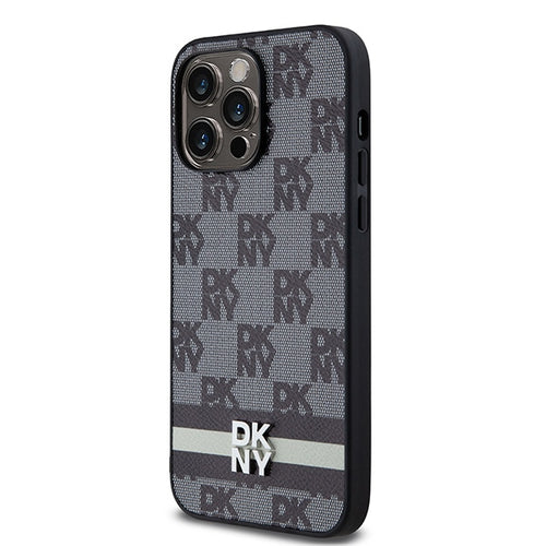 DKNY Leather Checkered Mono Pattern &amp; Printed Stripes Case for iPhone 14 Pro Max - Black