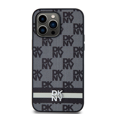 DKNY Leather Checkered Mono Pattern &amp; Printed Stripes Case for iPhone 14 Pro Max - Black