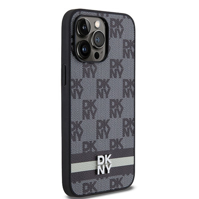 DKNY Leather Checkered Mono Pattern &amp; Printed Stripes Case for iPhone 14 Pro Max - Black