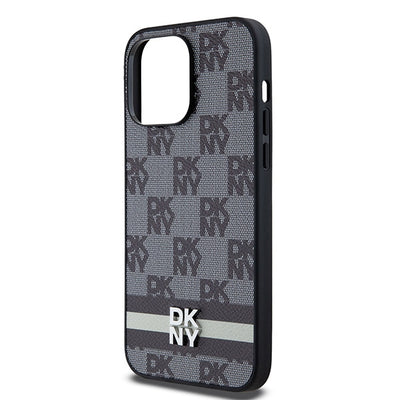 DKNY Leather Checkered Mono Pattern &amp; Printed Stripes Case for iPhone 14 Pro Max - Black