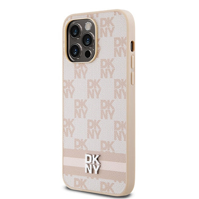 DKNY Leather Checkered Mono Pattern &amp; Printed Stripes case for iPhone 14 Pro Max - pink
