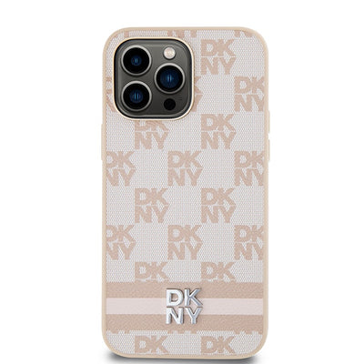 DKNY Leather Checkered Mono Pattern &amp; Printed Stripes case for iPhone 14 Pro Max - pink