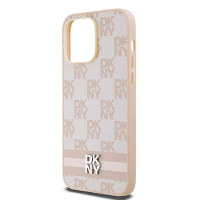 DKNY Leather Checkered Mono Pattern &amp; Printed Stripes case for iPhone 14 Pro Max - pink