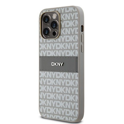 DKNY Leather Mono Stripe &amp; Metal Logo case for iPhone 14 Pro Max - beige