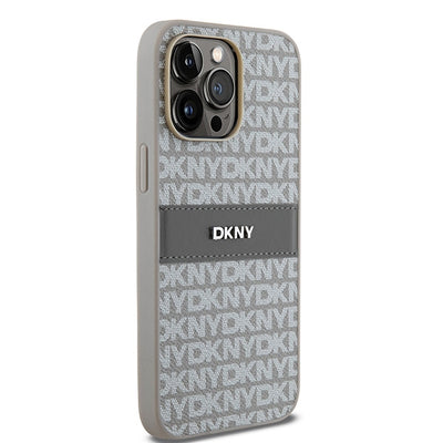 DKNY Leather Mono Stripe &amp; Metal Logo case for iPhone 14 Pro Max - beige