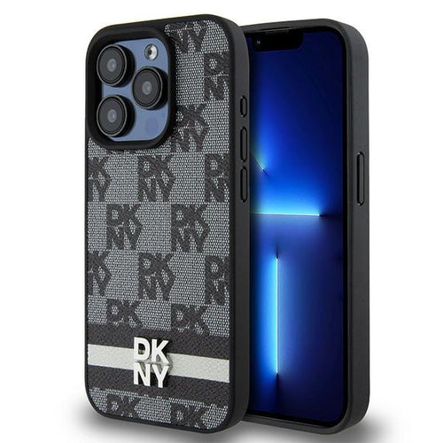 DKNY Leather Checkered Mono Pattern &amp; Printed Stripes iPhone 15 Pro Case - Black
