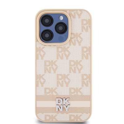 DKNY Leather Checkered Mono Pattern &amp; Printed Stripes case for iPhone 15 Pro - pink