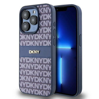 DKNY Leather Mono Stripe &amp; Metal Logo case for iPhone 15 Pro - blue