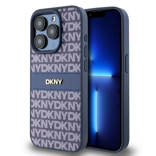 DKNY Leather Mono Stripe &amp; Metal Logo case for iPhone 15 Pro - blue