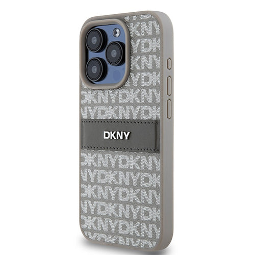 DKNY Leather Mono Stripe &amp; Metal Logo case for iPhone 15 Pro - beige