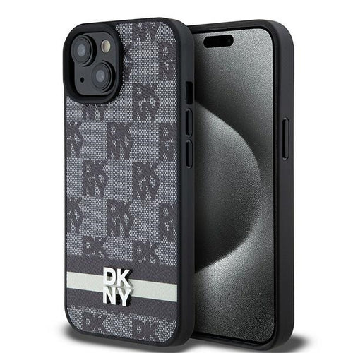 DKNY Leather Checkered Mono Pattern &amp; Printed Stripes Case for iPhone 15 Plus / 14 Plus - Black