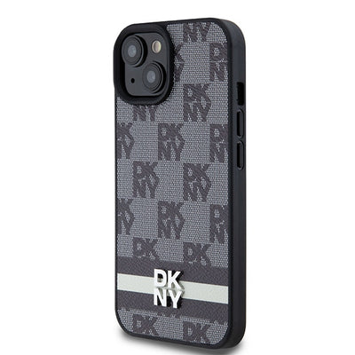 DKNY Leather Checkered Mono Pattern &amp; Printed Stripes Case for iPhone 15 Plus / 14 Plus - Black