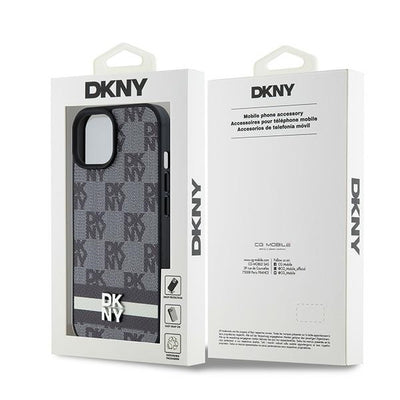 DKNY Leather Checkered Mono Pattern &amp; Printed Stripes Case for iPhone 15 Plus / 14 Plus - Black