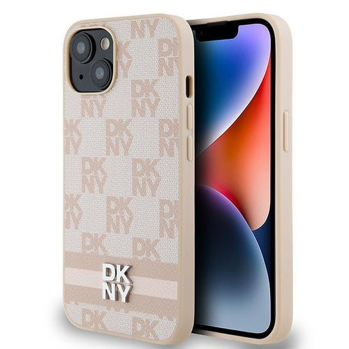 DKNY Leather Checkered Mono Pattern &amp; Printed Stripes Case for iPhone 15 Plus / 14 Plus - Pink