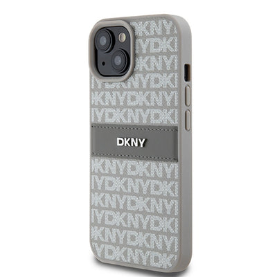 DKNY Leather Mono Stripe &amp; Metal Logo case for iPhone 15 Plus / 14 Plus - beige