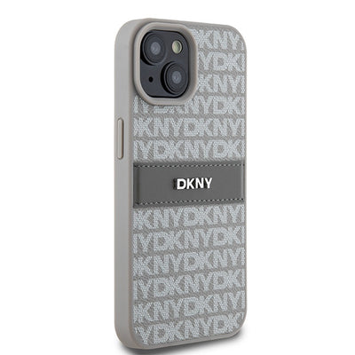 DKNY Leather Mono Stripe &amp; Metal Logo case for iPhone 15 Plus / 14 Plus - beige