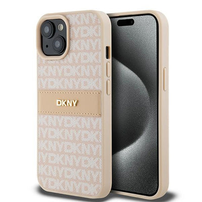 DKNY Leather Mono Stripe &amp; Metal Logo Case for iPhone 15 Plus / 14 Plus - Pink