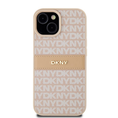 DKNY Leather Mono Stripe &amp; Metal Logo Case for iPhone 15 Plus / 14 Plus - Pink