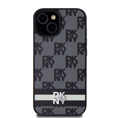 DKNY Leather Checkered Mono Pattern &amp; Printed Stripes Case for iPhone 15/14/13 - Black