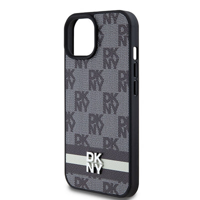 DKNY Leather Checkered Mono Pattern &amp; Printed Stripes Case for iPhone 15/14/13 - Black