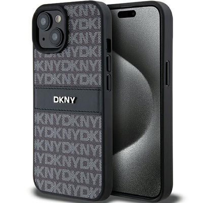 DKNY Leather Mono Stripe &amp; Metal Logo Case for iPhone 15/14/13 - Black