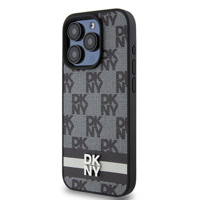 DKNY Leather Checkered Mono Pattern &amp; Printed Stripes Case for iPhone 15 Pro Max - Black