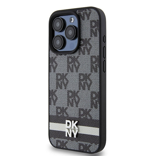 DKNY Leather Checkered Mono Pattern &amp; Printed Stripes Case for iPhone 15 Pro Max - Black
