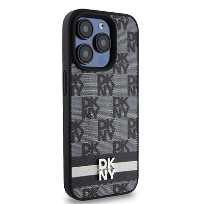 DKNY Leather Checkered Mono Pattern &amp; Printed Stripes Case for iPhone 15 Pro Max - Black