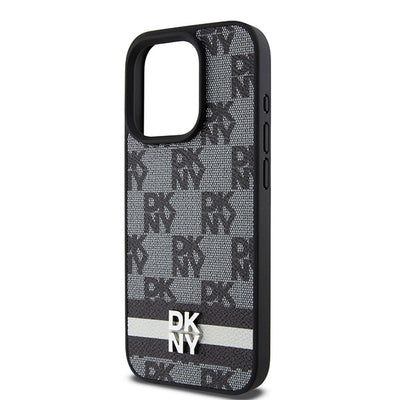 DKNY Leather Checkered Mono Pattern &amp; Printed Stripes Case for iPhone 15 Pro Max - Black