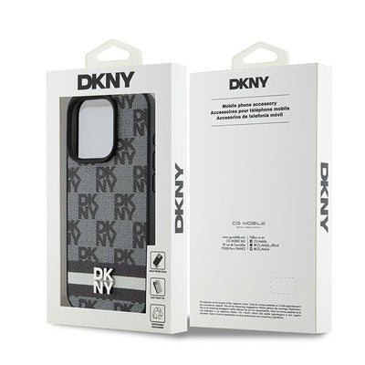 DKNY Leather Checkered Mono Pattern &amp; Printed Stripes Case for iPhone 15 Pro Max - Black