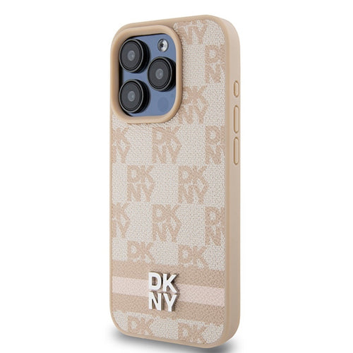DKNY Leather Checkered Mono Pattern &amp; Printed Stripes case for iPhone 15 Pro Max - pink