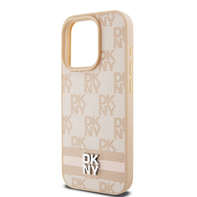 DKNY Leather Checkered Mono Pattern &amp; Printed Stripes case for iPhone 15 Pro Max - pink
