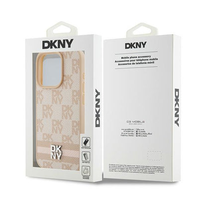 DKNY Leather Checkered Mono Pattern &amp; Printed Stripes case for iPhone 15 Pro Max - pink