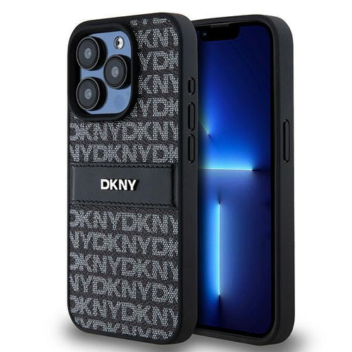 DKNY Leather Mono Stripe &amp; Metal Logo case for iPhone 15 Pro Max - black