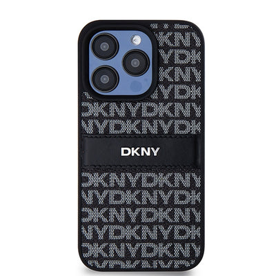 DKNY Leather Mono Stripe &amp; Metal Logo case for iPhone 15 Pro Max - black