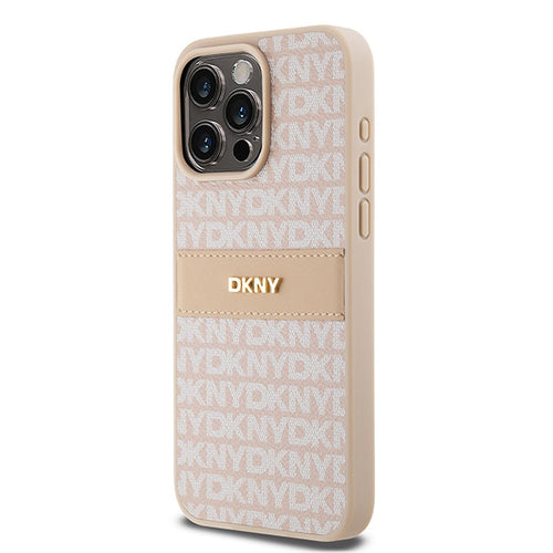 DKNY Leather Mono Stripe &amp; Metal Logo case for iPhone 15 Pro Max - pink