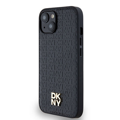 DKNY Leather Monogram Pattern Metal Logo MagSafe Case for iPhone 15/14/13 - Black