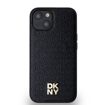 DKNY Leather Monogram Pattern Metal Logo MagSafe Case for iPhone 15/14/13 - Black