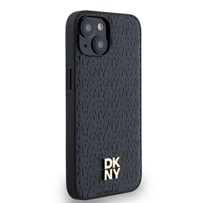 DKNY Leather Monogram Pattern Metal Logo MagSafe Case for iPhone 15/14/13 - Black