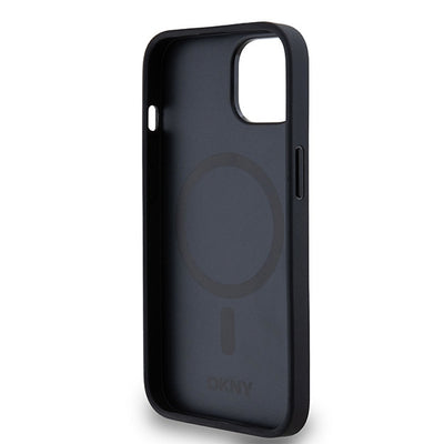 DKNY Leather Monogram Pattern Metal Logo MagSafe Case for iPhone 15/14/13 - Black